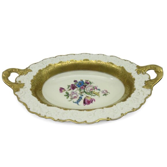 ROSENTHAL 1479 Ceramic Oval Dish Floral Gold Trim Handles Germany Vintage 17" - Picture 1 of 7